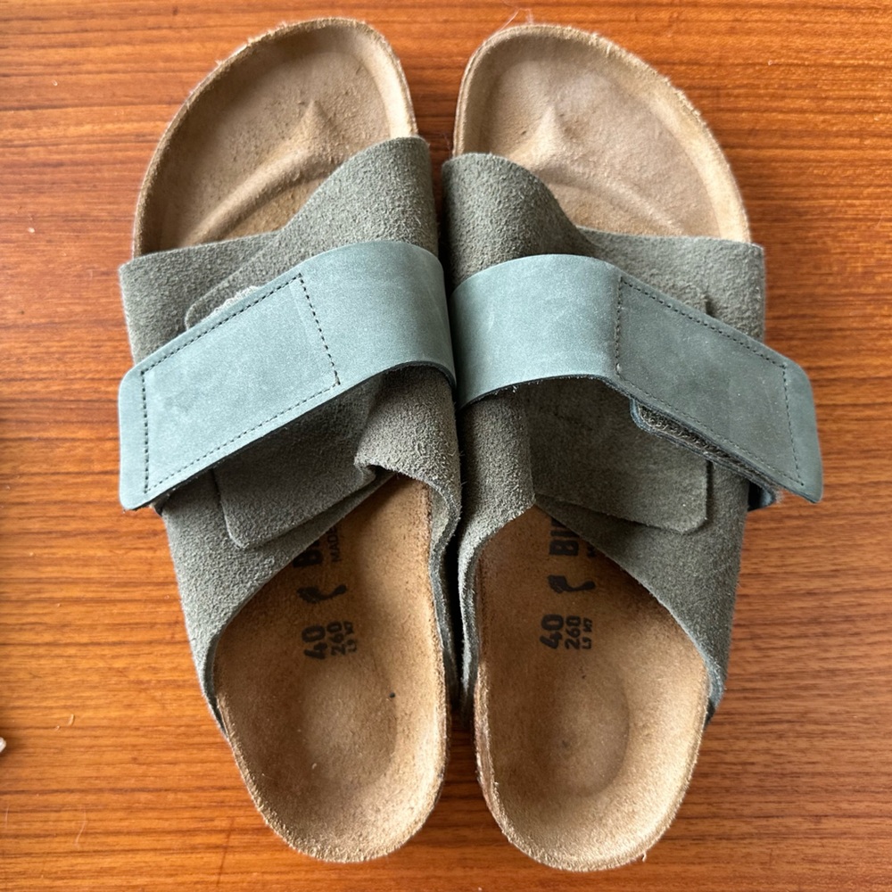 Brand New Birkenstock Kyoto Slides in Nubuck-Suede Olive Green
